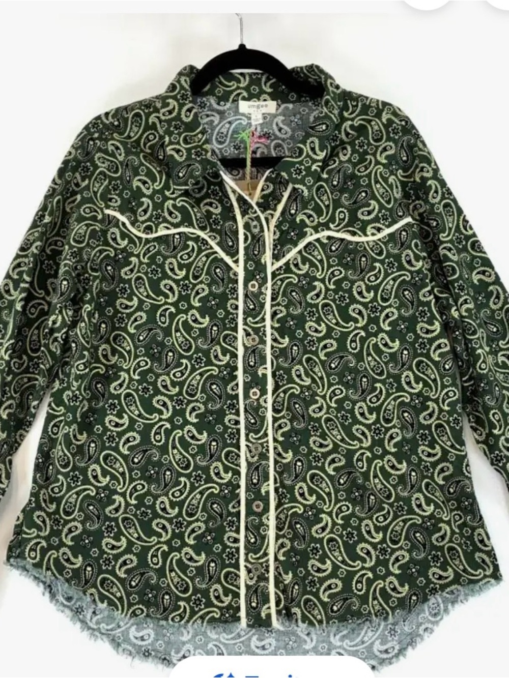 Umgee Green Paisley Button-Down Shirt with Cream Piping